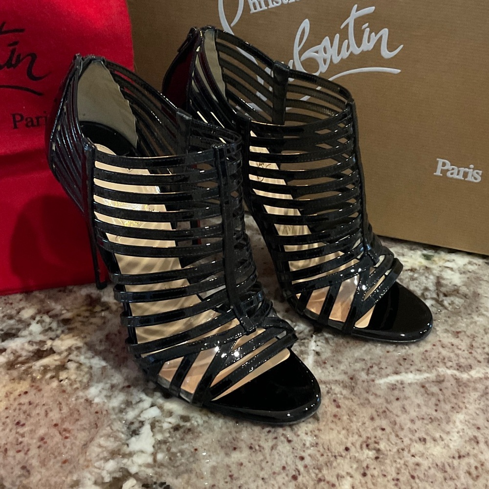 Christian Louboutin Black Strappy Patent Leather Cage Heels